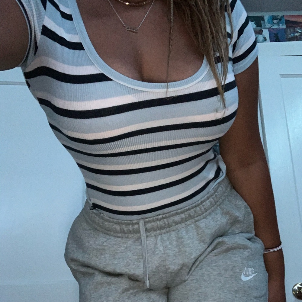 Blue and white stripped guess low neck tshirt